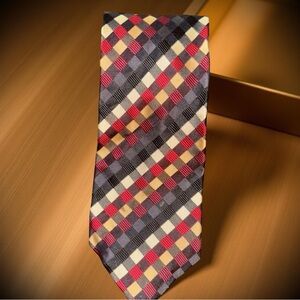 ROBERTO VILLINI HANDMADE SILK TIE BLACK MAROON GREY CHECKED PATTERN